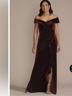 Oleg Cassini Deep Wine Velvet Ruffle Maxi Dress